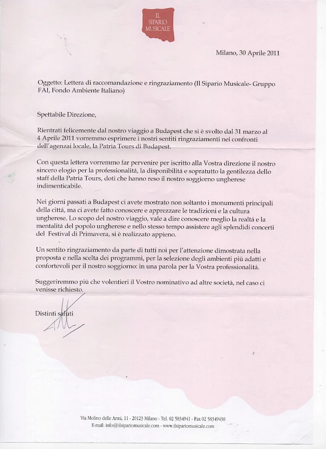 Lettera di raccomandazione e ringraziamento del Sipario Musicale – Gruppo FAI (Fondo Ambiente Italiano), Milano, 30 aprile 2011, per il viaggio a Budapest dal 31 marzo al 4 aprile 2011